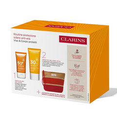 Rutina de protección solar antiedad Clarins: protector solar facial FPS 50+ 50 ml + protector solar corporal FPS 30 75 ml