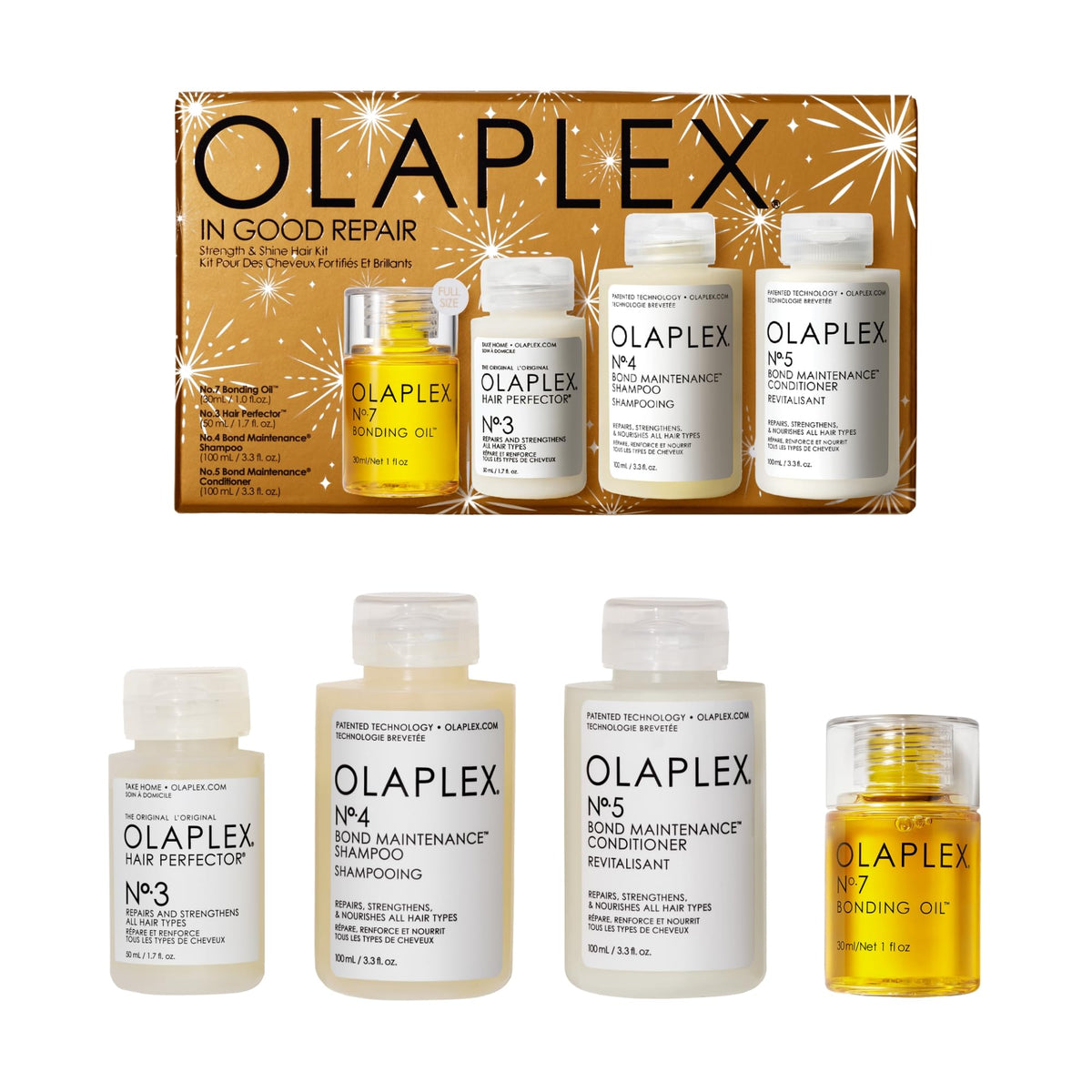 Kit capilar Olaplex In Good Repair: champú N4, acondicionador N5, perfeccionador N3 y aceite N7