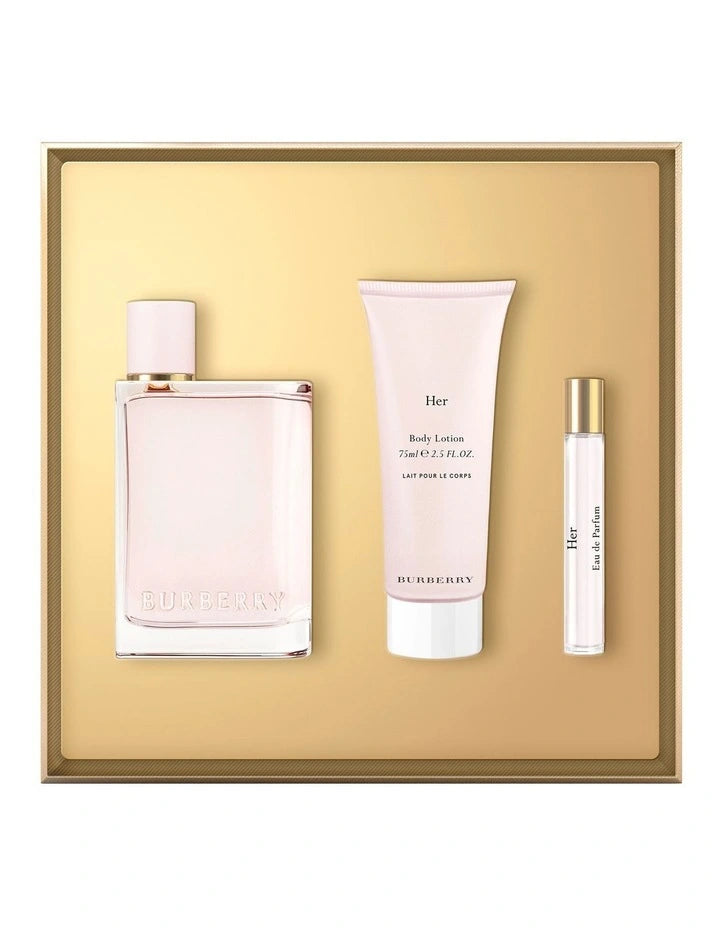 Burberry Her 100ml Eau De Parfum Geschenkset + 10ml Mini EDP + 75ml Körperlotion