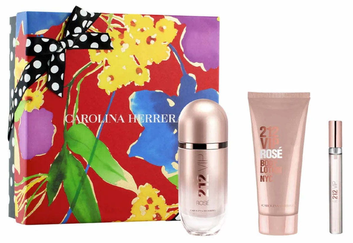 Carolina Herrera 212 VIP Rose 80ml EDP + Lait Corporel 100ml + EDP 10ml pour Femme Coffret Cadeau