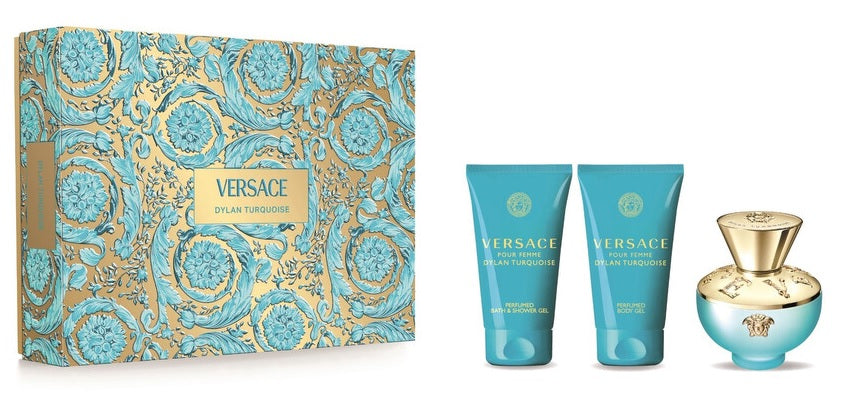 Coffret Cadeau Versace Dylan Turquoise Eau de Toilette 50ml + Gel Douche 50ml + Gel Bain 50ml pour Femme