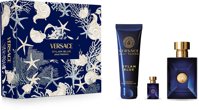 Coffret Cadeau Versace Dylan Blue pour Homme – Eau de Toilette Vaporisateur 100ml + Gel Douche 150ml + Miniature 5ml
